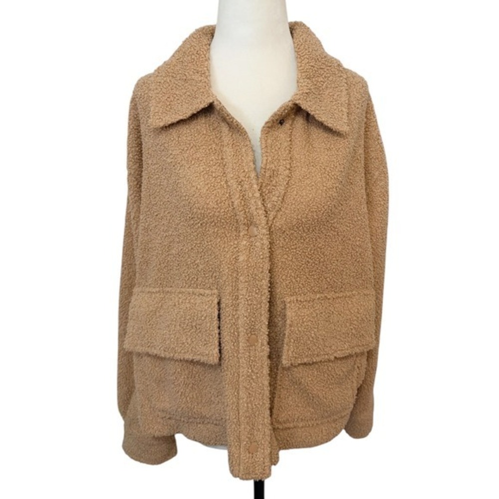 My Style Teddy Sherpa Fleece XL Button Front Shacket Jacket Tan - Picture 2 of 8